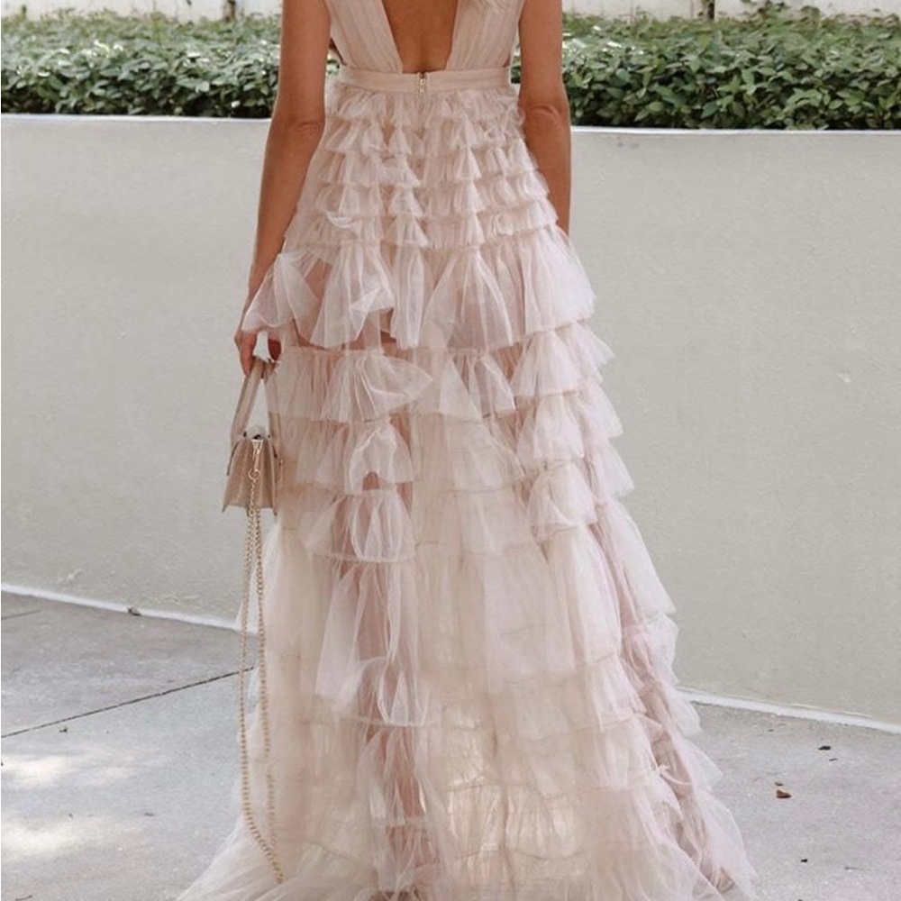 Women's Blush Ruffle Maxi Dress - Elegant V-Neck Tiered Gown - Picture 3 of 9